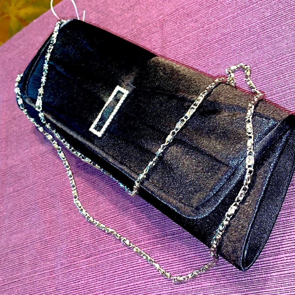 Bijoux Terner Rhinestone Black Satin Clutch Purse With Silver Color Chain NWT